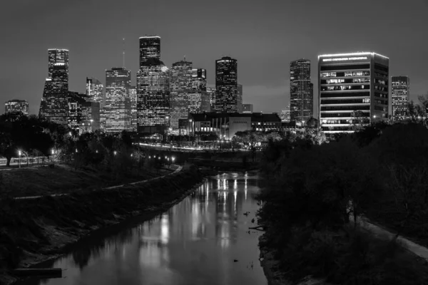 Skyline Van Buffalo Bayou Houston Nachts Houston Texas — Stockfoto