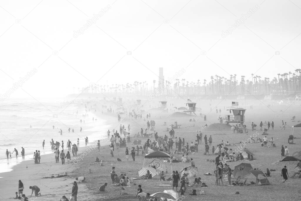 View of the beach on a summer day in Huntington Beach, Orange County, California