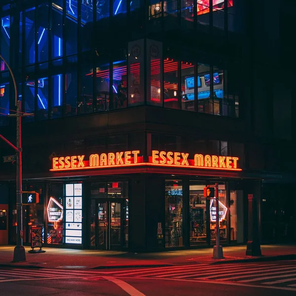 Señal Neón Del Mercado Essex Por Noche Lower East Side — Foto de Stock