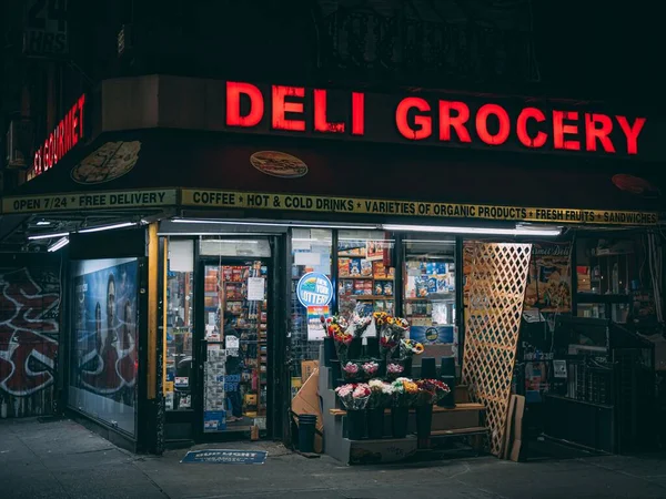Deli Firmar Por Noche Lower East Side Manhattan Nueva York — Foto de Stock