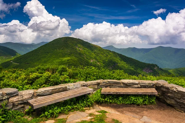 Benches and view of the Appalachians from Craggy Pinnacle, near — Stock Photo, Image