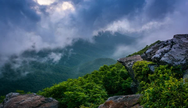 The Blue Ridge in fog, seen from Craggy Pinnacle, near the Blue — Stock Photo, Image