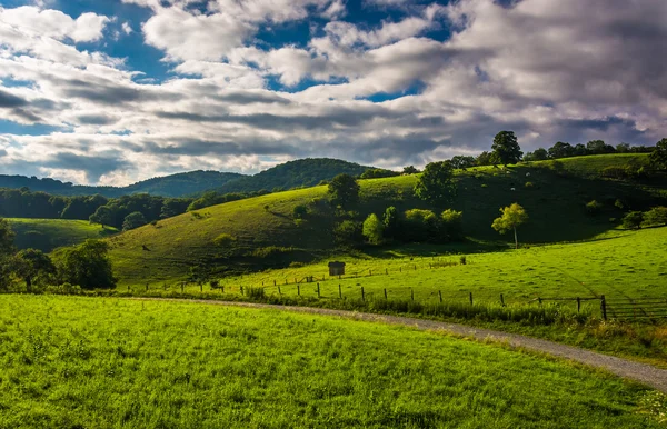 View of fields and rolling hills from the Blue Ridge Parkway at — Stock Photo, Image