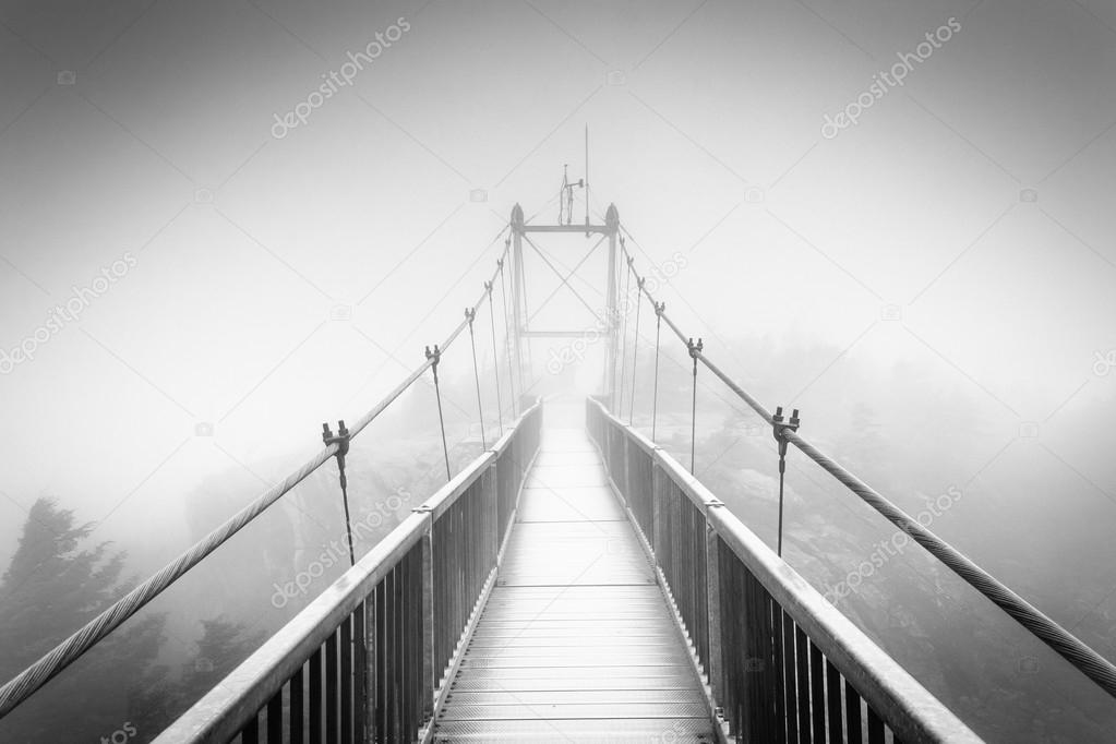 The Mile-High Swinging Bridge in fog, at Grandfather Mountain, N