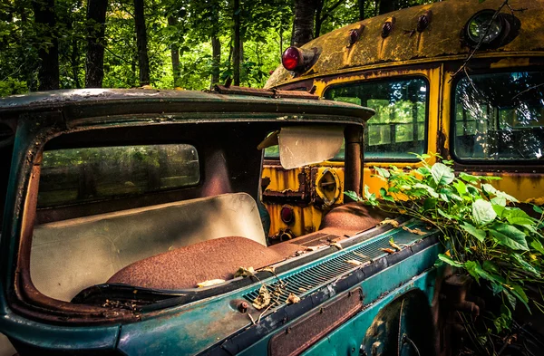 Verlaten vrachtwagen en bus van de school in een forest. — Stockfoto