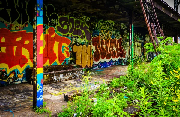 Ein altes, mit Graffiti überzogenes Gebäude am Leseviadukt in Philippsthal — Stockfoto