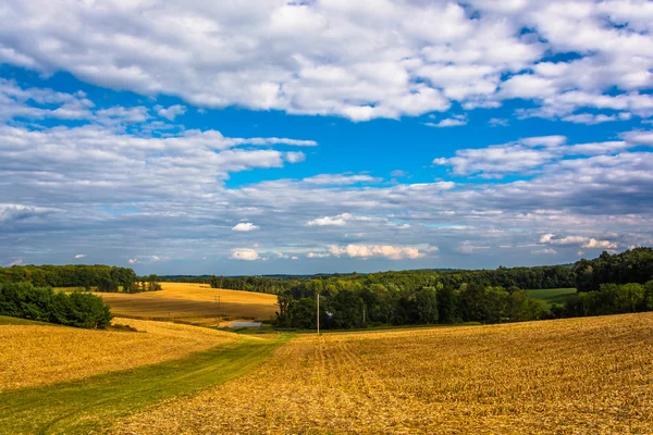 Красива ферма поля та пагорби поряд перехресних дороги, pennsy — стокове фото