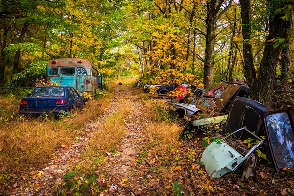 Pièces et véhicules automobiles dans un dépôt de ferraille . — Photo