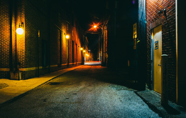 Dark alley at night in Hanover, Pennsylvania. 