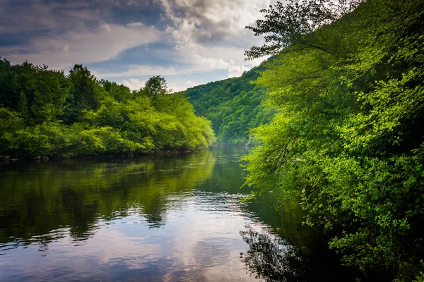 Bulutlar yansımaları lehigh nehirde, lehigh gorge, akşam — Stok fotoğraf