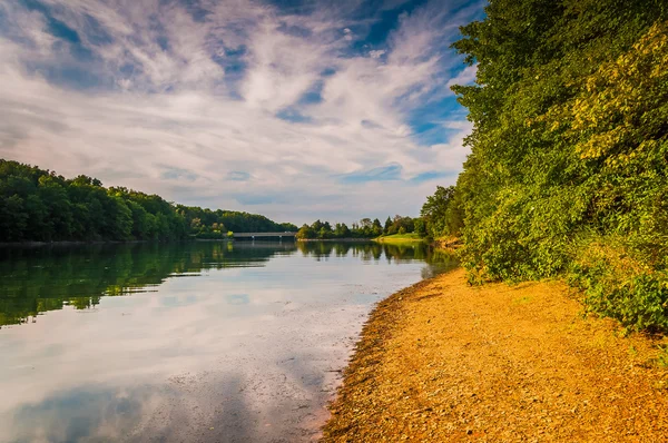 Kvällsljus på stranden av sjön marburg, i codorus state par — Stockfoto