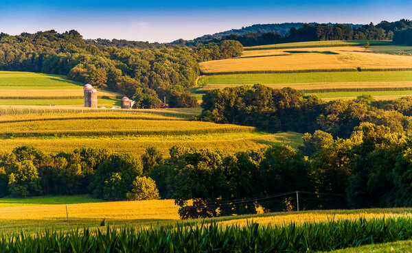 Evening view of rolling hills and farms in York County, Pennsylv