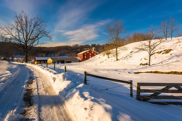 Recinzione e campo agricolo lungo una strada innevata in sette valli , — Foto Stock