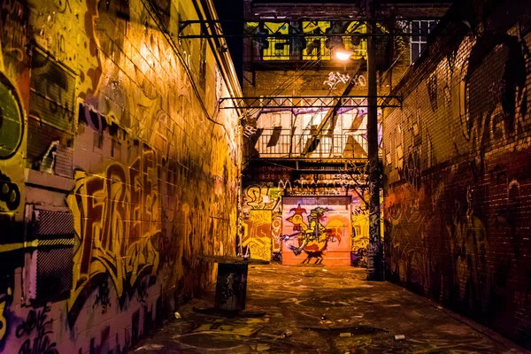 Aleja graffiti w nocy, w baltimore, maryland. — Zdjęcie stockowe
