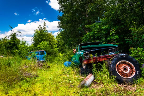 Oude van en vrachtwagen in een autokerkhof — Stockfoto
