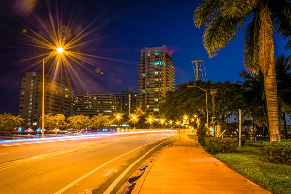 Palmeiras e edifícios ao longo da Dade Boulevard à noite, em Miami — Fotografia de Stock