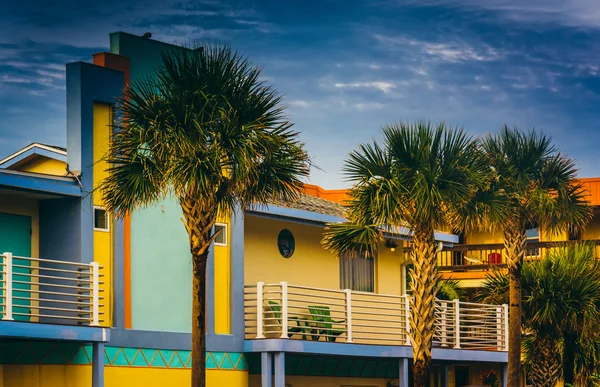 Palm trees and colorful hotel in Vilano Beach, Florida. — Stock Photo, Image