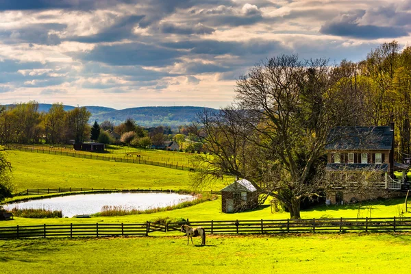 Étang et maison sur une ferme dans le comté rural de York, Pennsylvanie . — Photo