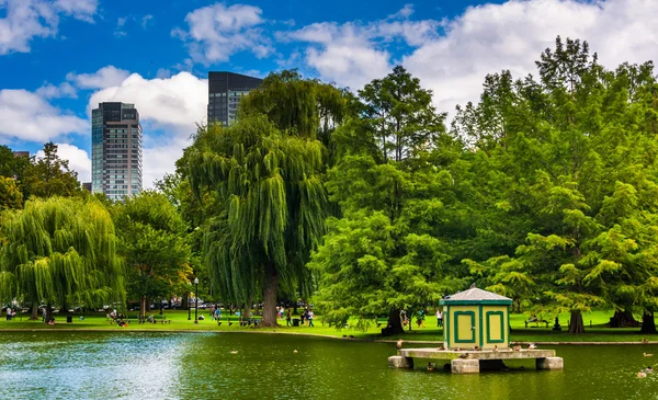 池塘里的公共花园和马萨诸塞州波士顿市的建筑物 — 图库照片