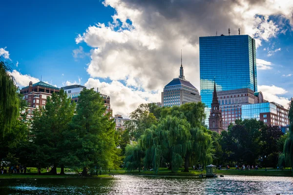 Stagno nel giardino pubblico ed edifici a Boston, Massachusetts — Foto Stock