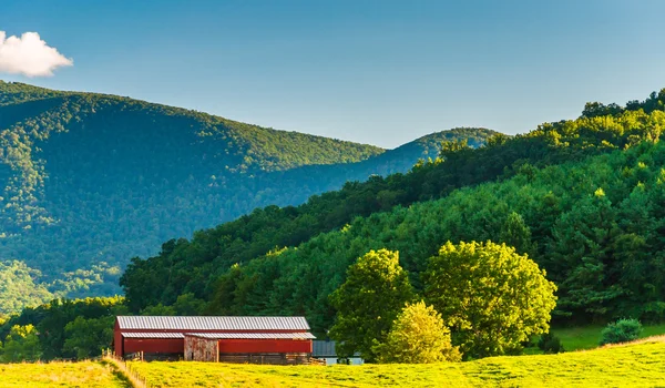 Granero rojo y vista de las montañas Blue Ridge, en la Shenandoah —  Fotos de Stock