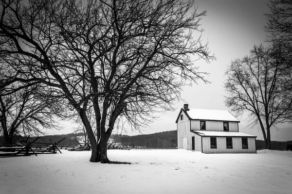 Litet hus och träd i ett snötäckt fält i gettysburg, penna — Stockfoto