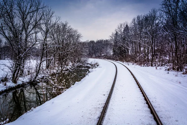 ग्रामीण कैरोल काउंटी में बर्फ कवर रेलवे ट्रैक और क्रीक , — स्टॉक फ़ोटो, इमेज