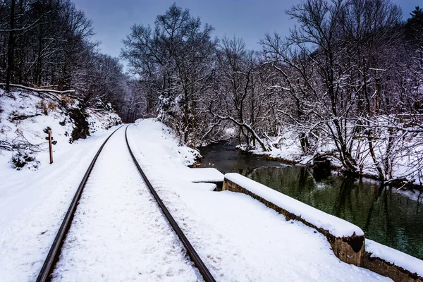 Karla kaplı tren yolu ve kırsal carroll İlçesi, m dere — Stok fotoğraf