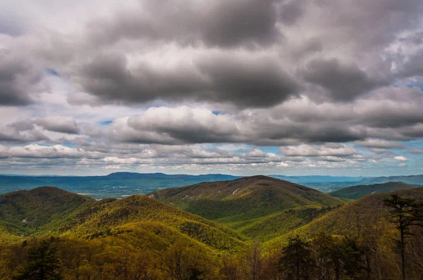 Vårfärger i Appalacherna en molnig dag, sett från himlen — Stockfoto