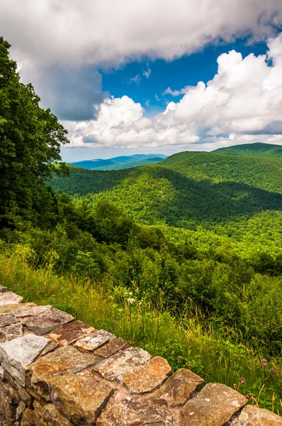 Kamienny mur i widok z blue ridge w wychodzą na panoramę — Zdjęcie stockowe