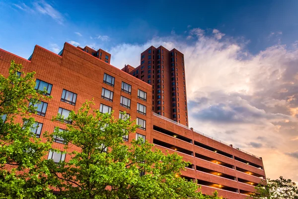 Sunset clouds over buildings at the Inner Harbor in Baltimore, M — Stock Photo, Image