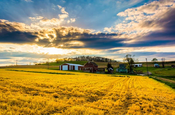 Pôr do sol sobre uma fazenda no condado rural de York, Pensilvânia . — Fotografia de Stock