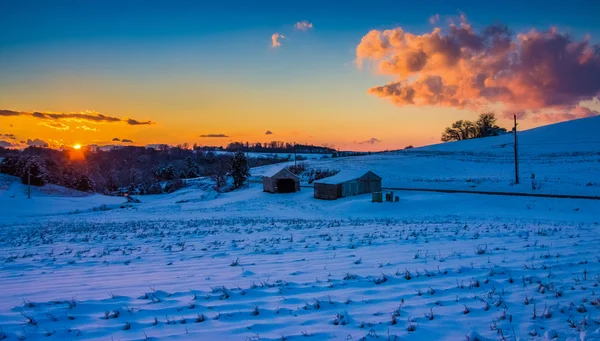 Puesta de sol sobre un campo agrícola cubierto de nieve en el condado rural de York, Penn — Foto de Stock
