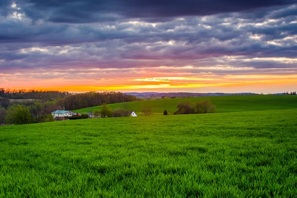 Pôr do sol sobre campos agrícolas no Condado de York rural, Pensilvânia . — Fotografia de Stock