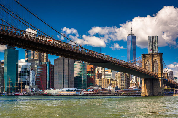 The Brooklyn Bridge and Manhattan Skyline from Brooklyn, New York.