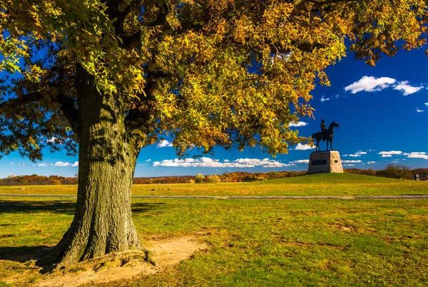 Árbol y estatua en un campo de batalla en Gettysburg, Pennsylvania . — Foto de Stock