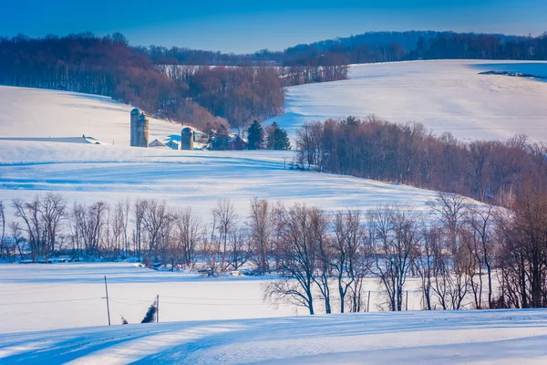 Vista de campos agrícolas cobertos de neve e casas no condado rural de York — Fotografia de Stock