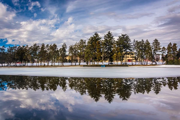 Réflexions hivernales au lac Kiwanis, à York, Pennsylvanie . — Photo