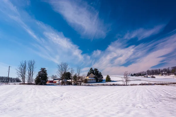 Wispy clouds over a snow covered farm in rural Carroll County, M — Stock Photo, Image