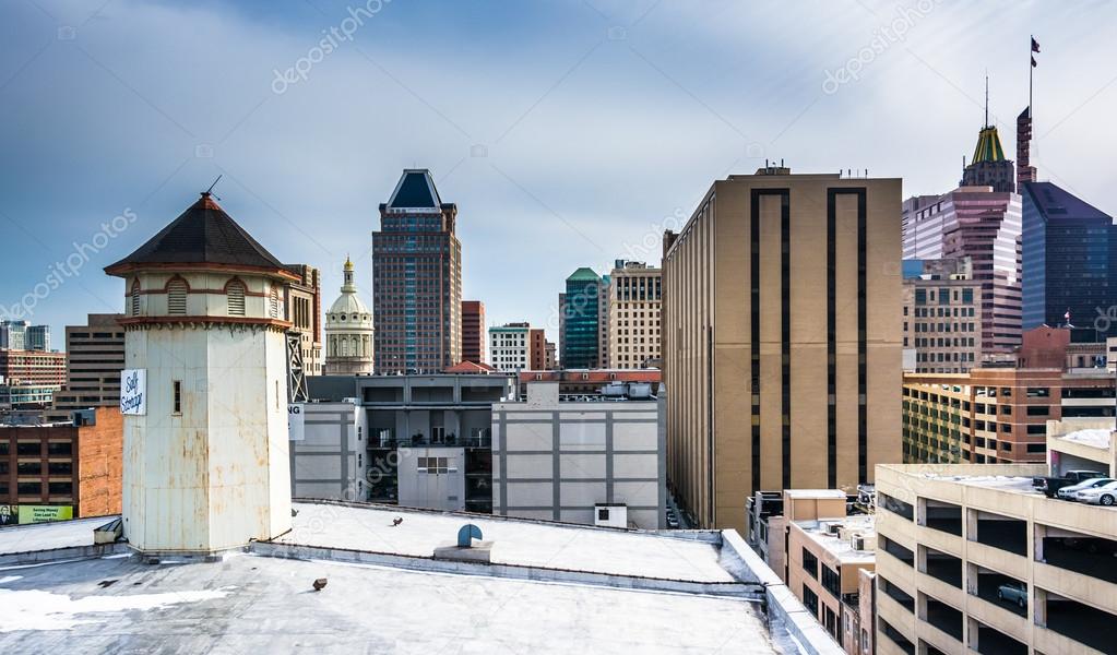 View of buildings from a parking garage in Baltimore, Maryland. 