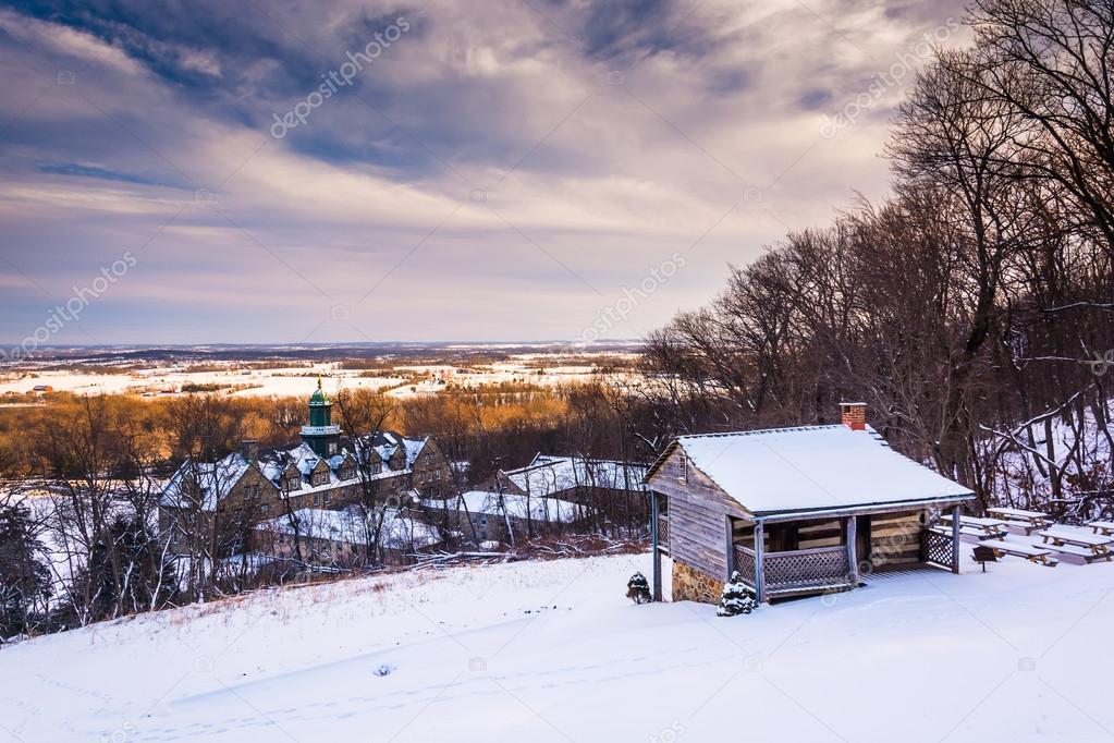 Winter view of John Hughes Cabin and Mount St. Marys University 
