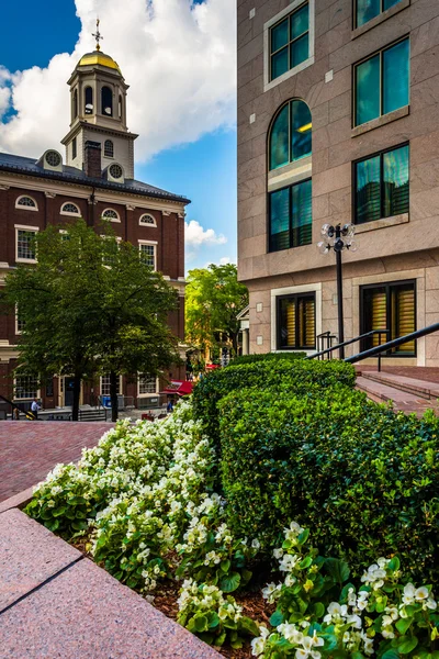 Trädgård och faneuil hall i boston, massachusetts. — Stockfoto