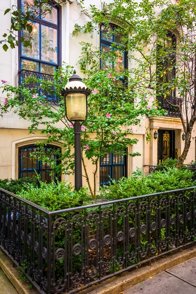 Gardens and townhouses along 23rd Street in Chelsea, Manhattan, — Stock Photo, Image