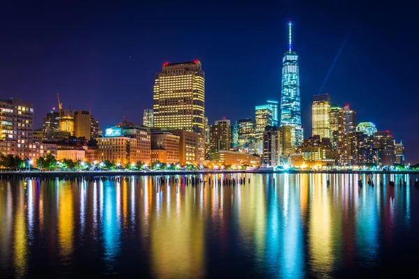 One World Trade Center and Battery Park City at night, seen from