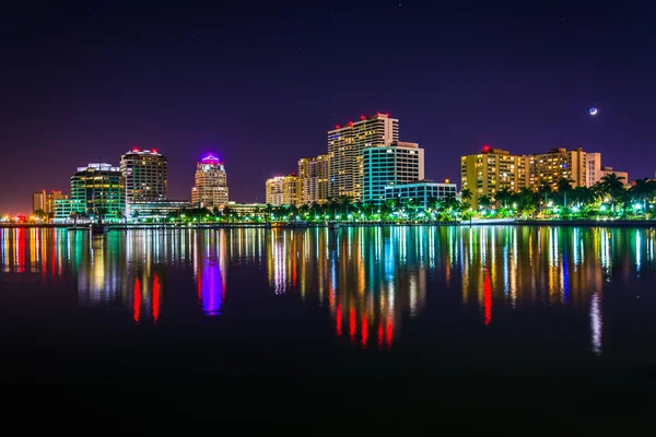 The skyline at night in West Palm Beach, Florida. 