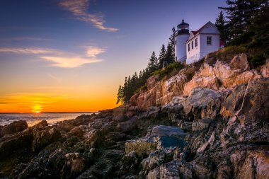 Günbatımı, bas Harbor deniz feneri Acadia Milli Parkı, Maine