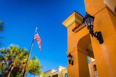 Palmiye ağaçları ve bir bina Vilano Beach, Fl Amerikan bayrağı