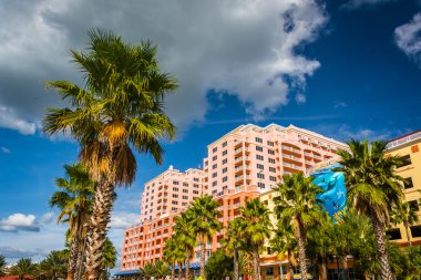 Palmiye ağaçları ve Clearwater Beach, Florida'da büyük otel.
