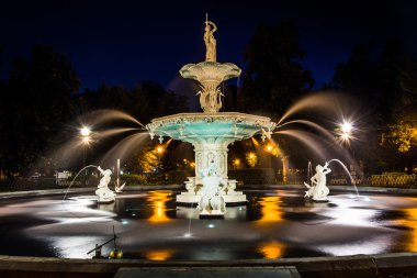 Fıskiyede Forsyth Parkı gece, Savannah, Georgia.