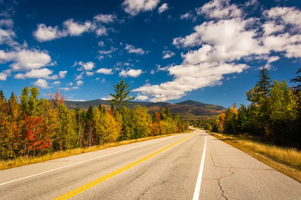Colore di autunno sulla strada principale della testa dei gufi in nazionale bianco della montagna per — Foto Stock